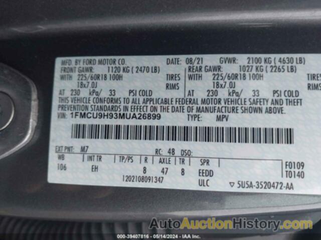 FORD ESCAPE SEL, 1FMCU9H93MUA26899