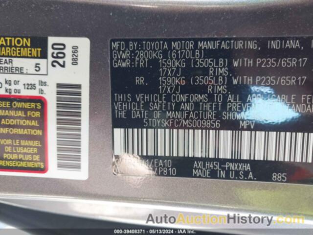 TOYOTA SIENNA XLE, 5TDYSKFC7MS009856