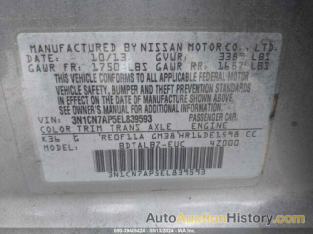 NISSAN VERSA S/S PLUS/SV/SL, 3N1CN7AP5EL839593