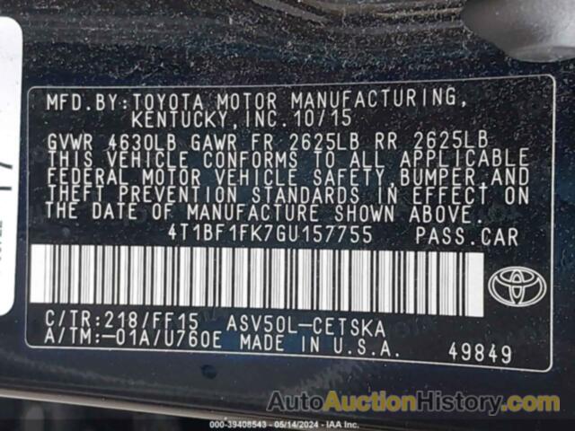 TOYOTA CAMRY LE/XLE/SE/XSE, 4T1BF1FK7GU157755