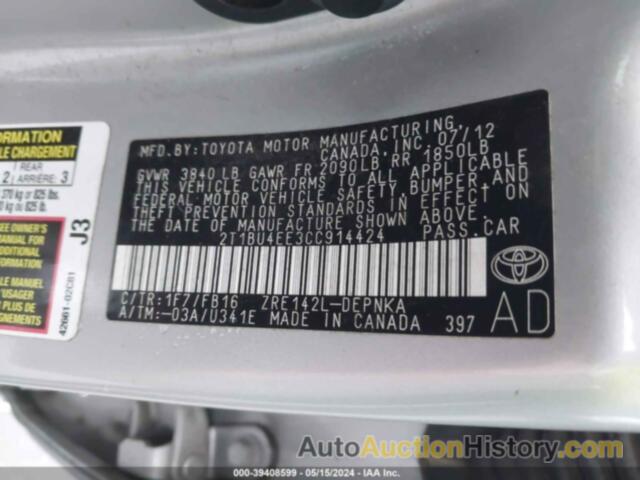 TOYOTA COROLLA S/LE, 2T1BU4EE3CC914424