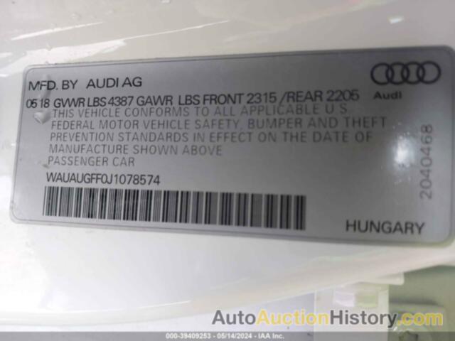 AUDI A3 2.0T PREMIUM/TECH PREMIUM, WAUAUGFF0J1078574