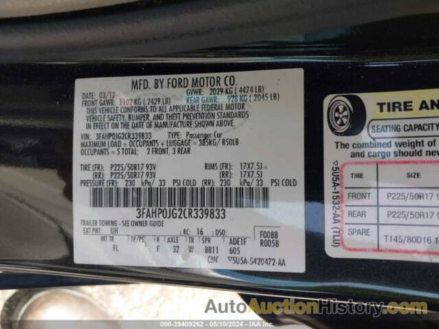 FORD FUSION SEL, 3FAHP0JG2CR339833