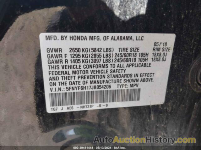 HONDA PILOT LX, 5FNYF6H17JB054206