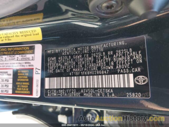 TOYOTA CAMRY LE/XLE/SE/XSE, 4T1BF1FK8HU286847
