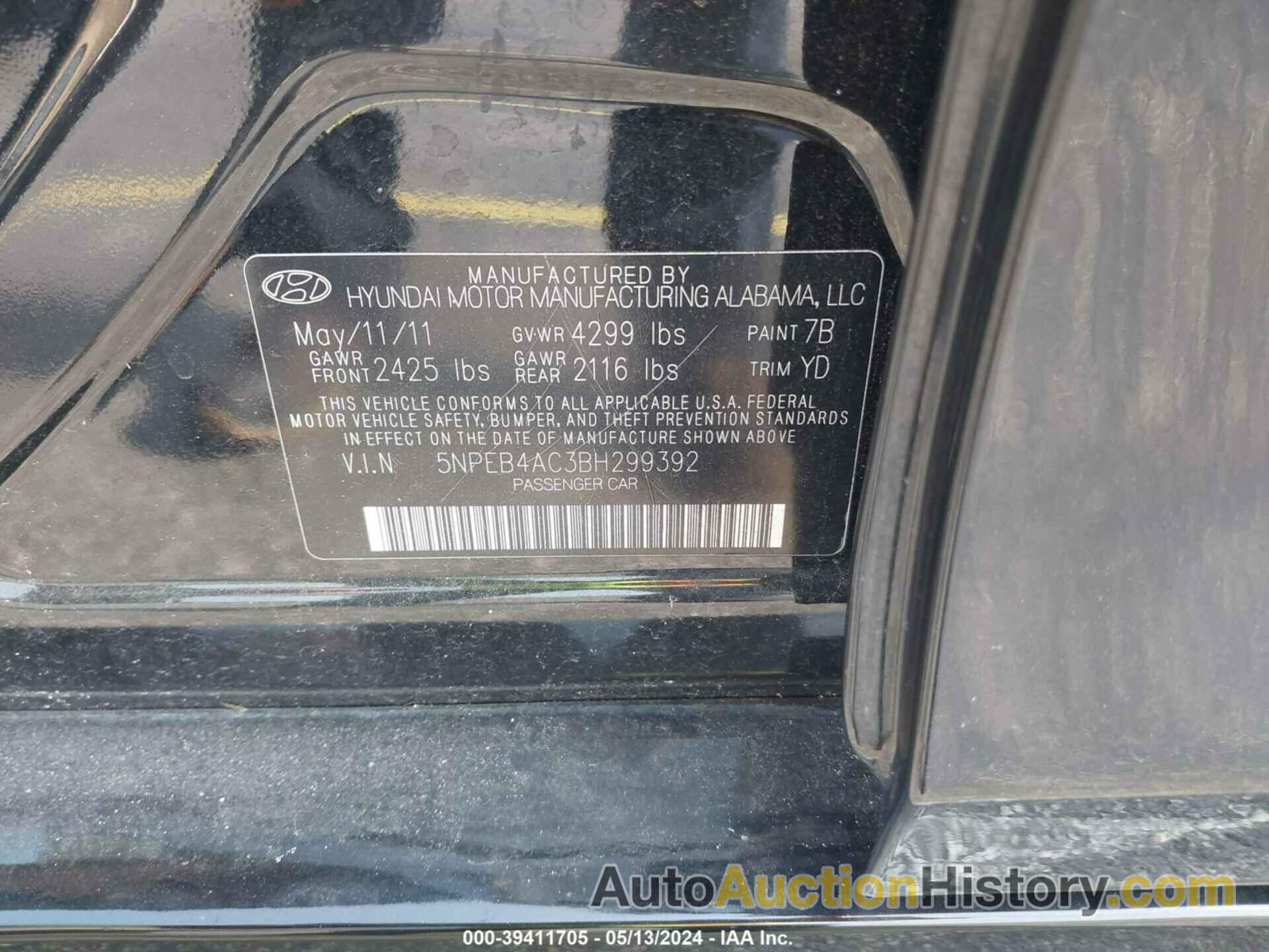 HYUNDAI SONATA GLS, 5NPEB4AC3BH299392