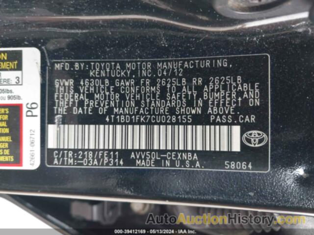 TOYOTA CAMRY HYBRID/LE/XLE, 4T1BD1FK7CU028155