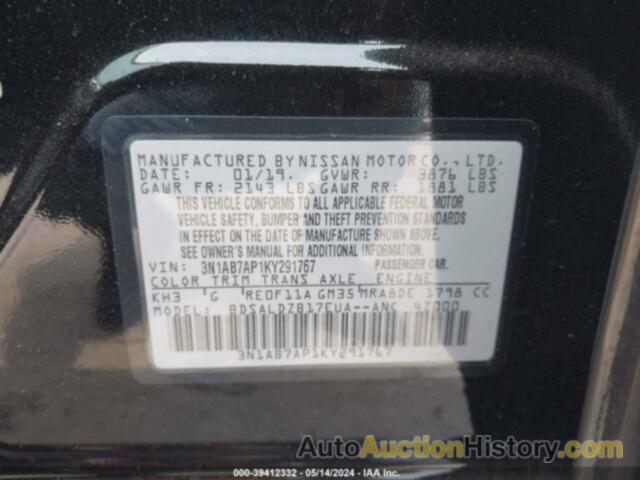 NISSAN SENTRA S/SV/SR/SL, 3N1AB7AP1KY291767