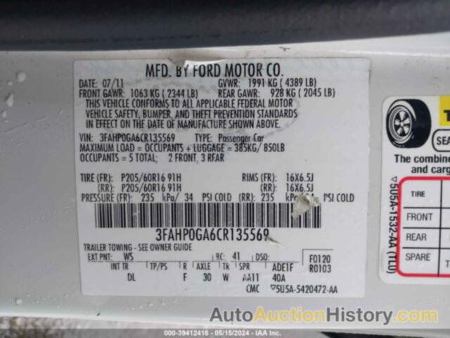 FORD FUSION S, 3FAHP0GA6CR135569