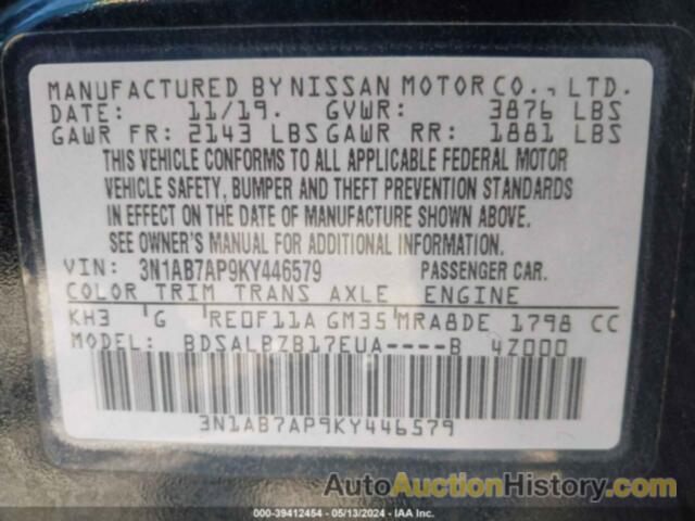 NISSAN SENTRA S, 3N1AB7AP9KY446579