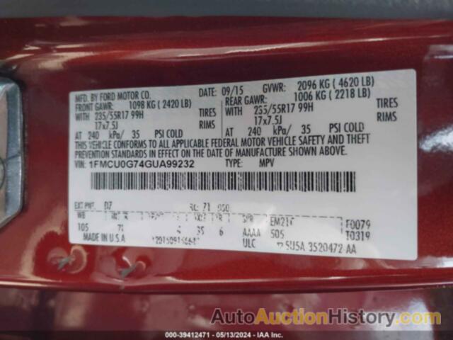 FORD ESCAPE SE, 1FMCU0G74GUA99232