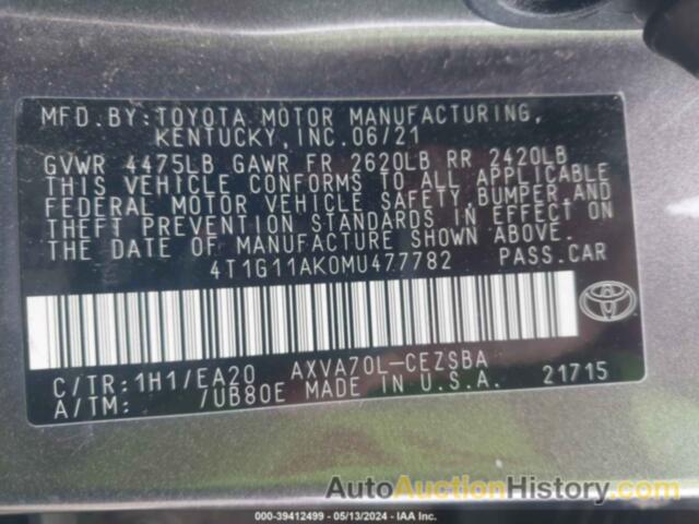 TOYOTA CAMRY SE/SE NIGHT SHADE, 4T1G11AK0MU477782