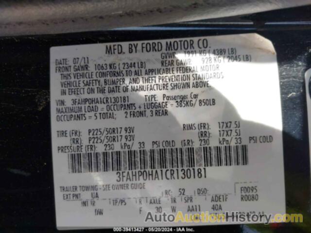 FORD FUSION SE, 3FAHP0HA1CR130181