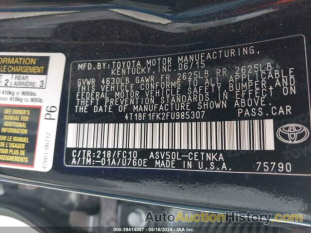 TOYOTA CAMRY LE/XLE/SE/XSE, 4T1BF1FK2FU985307