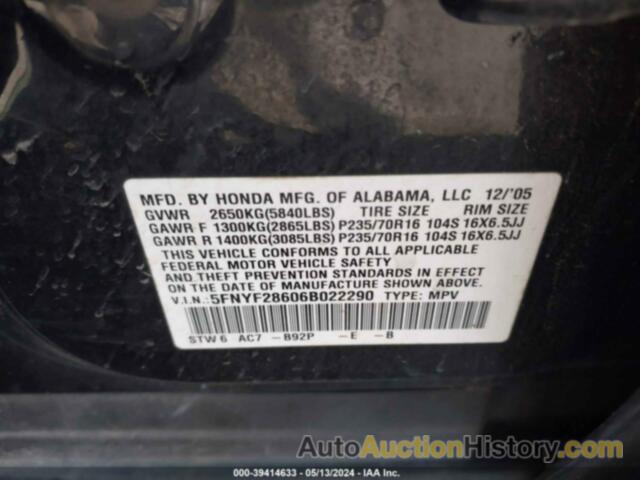 HONDA PILOT EX-L, 5FNYF28606B022290