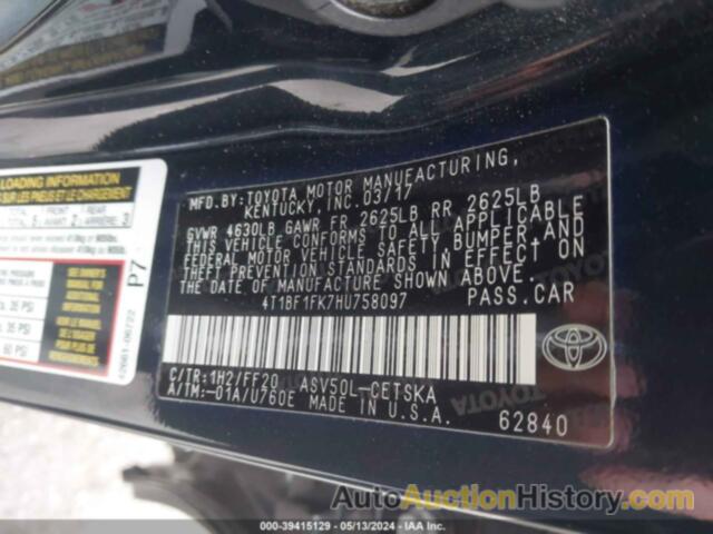 TOYOTA CAMRY LE/XLE/SE/XSE, 4T1BF1FK7HU758097