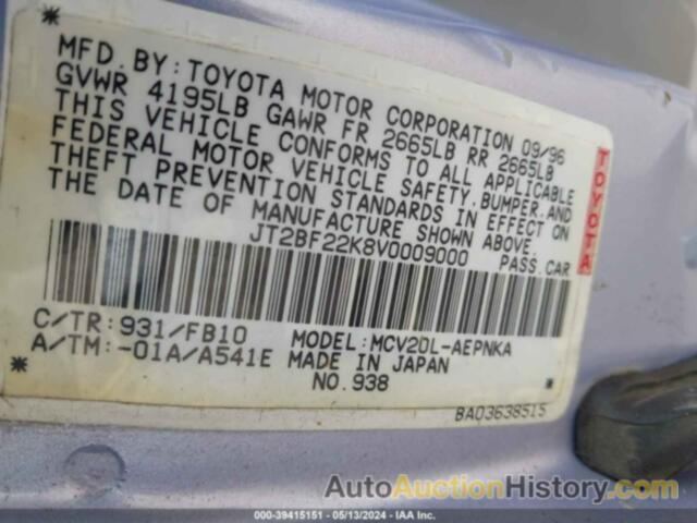 TOYOTA CAMRY LE/XLE, JT2BF22K8V0009000