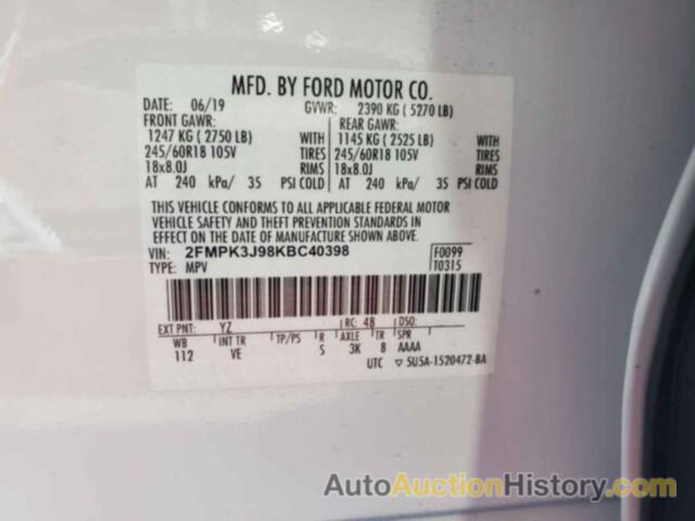 FORD EDGE SEL, 2FMPK3J98KBC40398