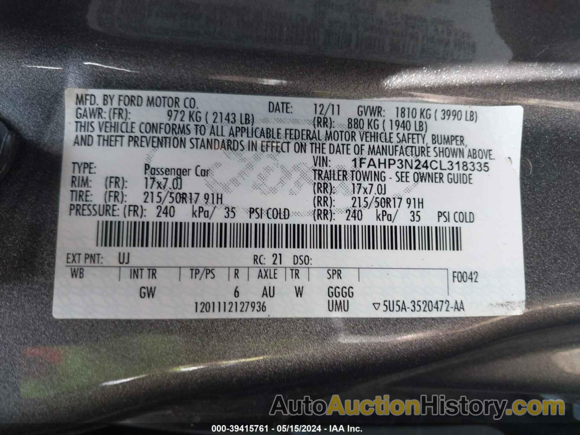 FORD FOCUS TITANIUM, 1FAHP3N24CL318335