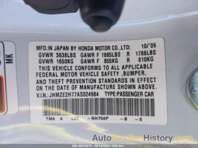 HONDA INSIGHT EX, JHMZE2H77AS024984