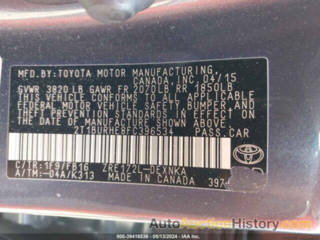 TOYOTA COROLLA LE, 2T1BURHE8FC396534