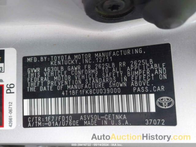 TOYOTA CAMRY SE/LE/XLE, 4T1BF1FK9CU059000