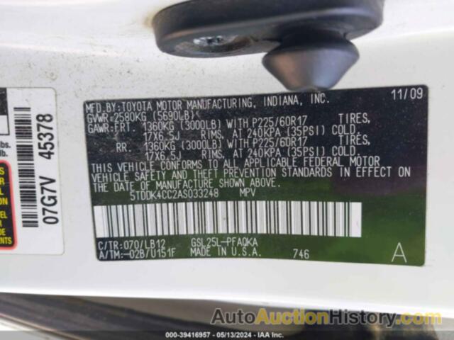 TOYOTA SIENNA LIMITED, 5TDDK4CC2AS033248