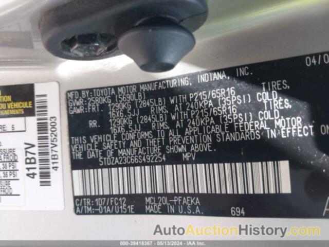 TOYOTA SIENNA LE, 5TDZA23C66S492254