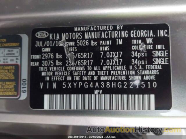 KIA SORENTO LX/L, 5XYPG4A38HG221510