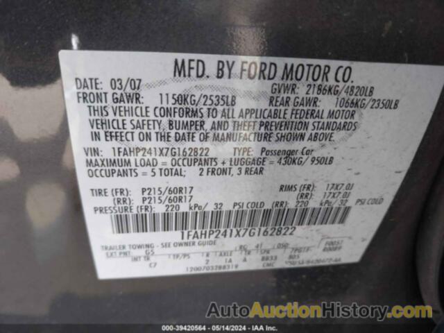 FORD FIVE HUNDRED SEL, 1FAHP241X7G162822