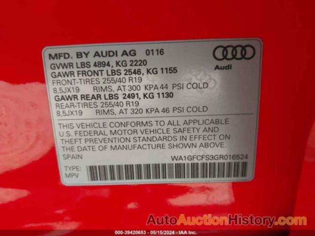 AUDI Q3 2.0T PREMIUM PLUS, WA1GFCFS3GR016524