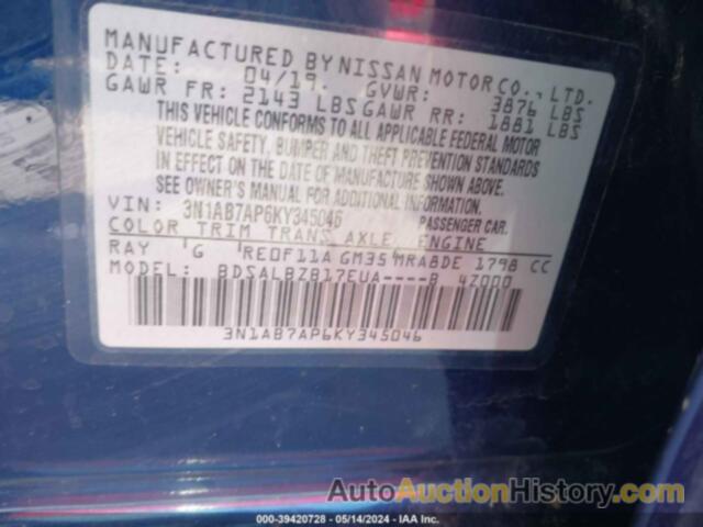 NISSAN SENTRA S, 3N1AB7AP6KY345046