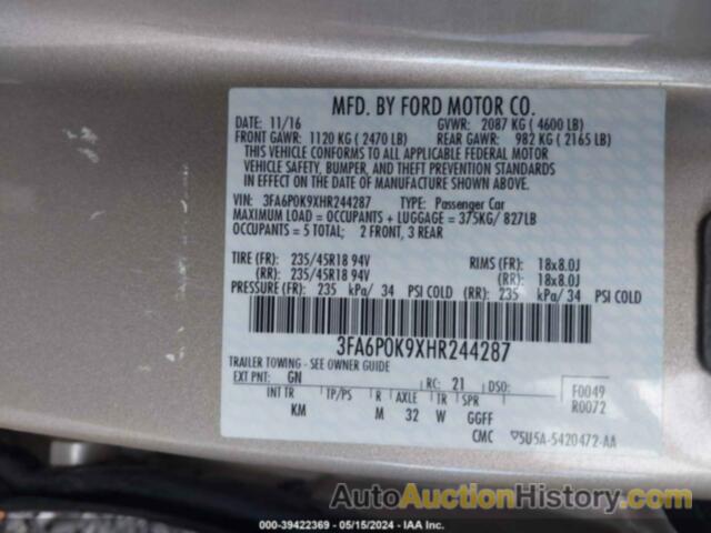 FORD FUSION TITANIUM, 3FA6P0K9XHR244287