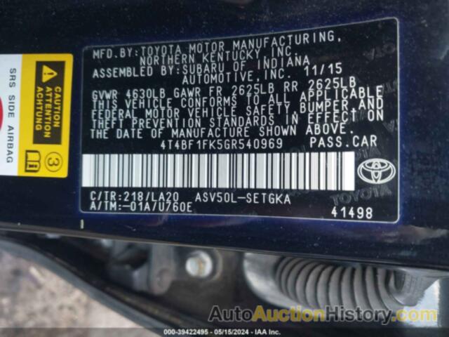 TOYOTA CAMRY XLE, 4T4BF1FK5GR540969