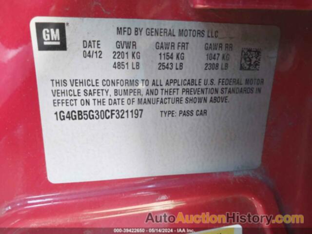 BUICK LACROSSE CONVENIENCE GROUP, 1G4GB5G30CF321197