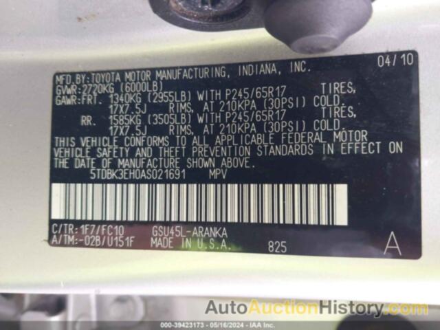 TOYOTA HIGHLANDER, 5TDBK3EH0AS021691