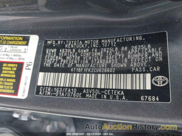 TOYOTA CAMRY SE/LE/XLE, 4T1BF1FK2CU626602