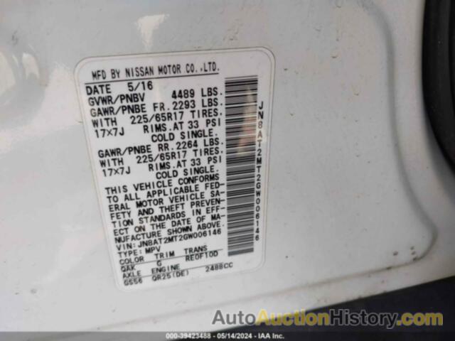 NISSAN ROGUE S/SL/SV, JN8AT2MT2GW006146