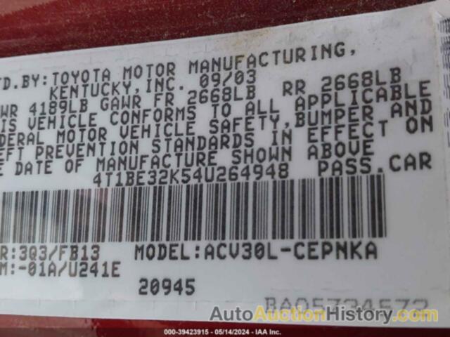 TOYOTA CAMRY LE, 4T1BE32K54U264948