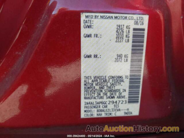 NISSAN ALTIMA 2.5 S, 1N4AL3AP6GC294723