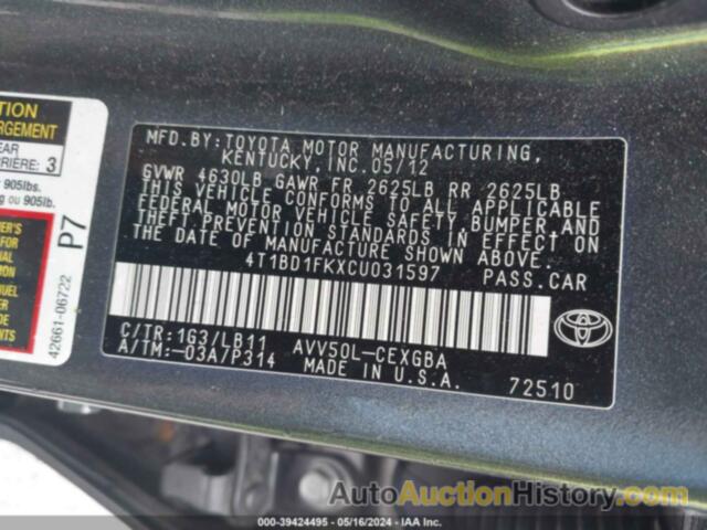 TOYOTA CAMRY HYBRID XLE, 4T1BD1FKXCU031597