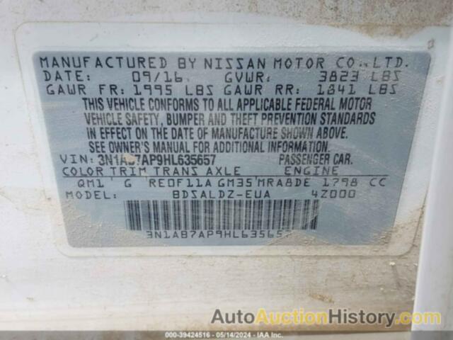 NISSAN SENTRA S/SL/SR/SV, 3N1AB7AP9HL635657