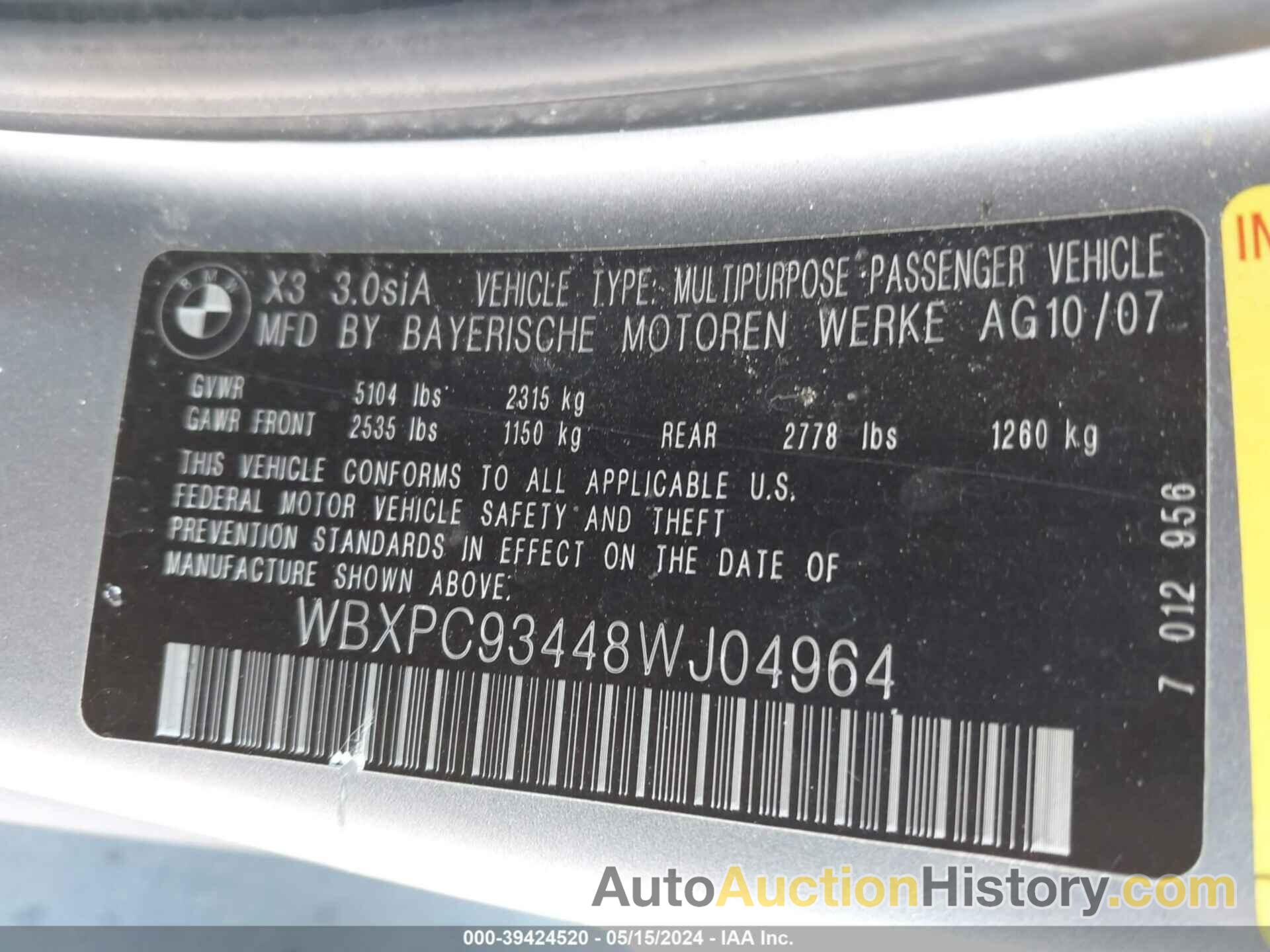 BMW X3 3.0SI, WBXPC93448WJ04964