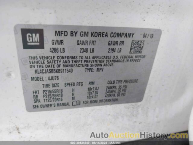 BUICK ENCORE FWD PREFERRED, KL4CJASB5KB911540