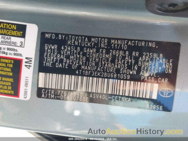 TOYOTA CAMRY SE/LE/XLE, 4T1BF3EK2BU681059