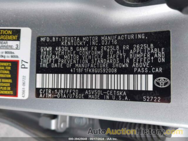 TOYOTA CAMRY LE/XLE/SE/XSE, 4T1BF1FK8GU592008