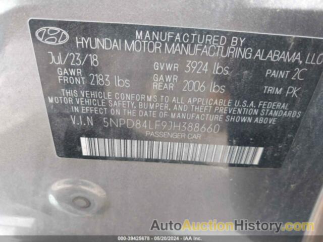 HYUNDAI ELANTRA SEL/VALUE/LIMITED, 5NPD84LF9JH388660