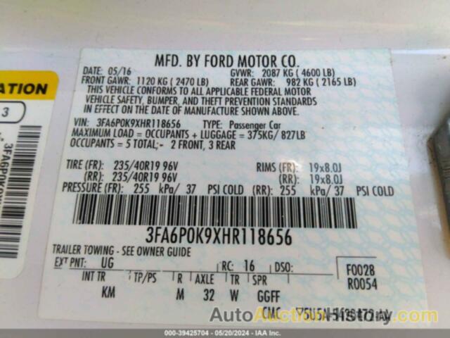 FORD FUSION TITANIUM, 3FA6P0K9XHR118656