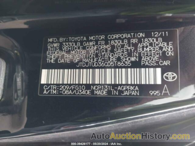 TOYOTA YARIS, JTDJTUD36CD518635