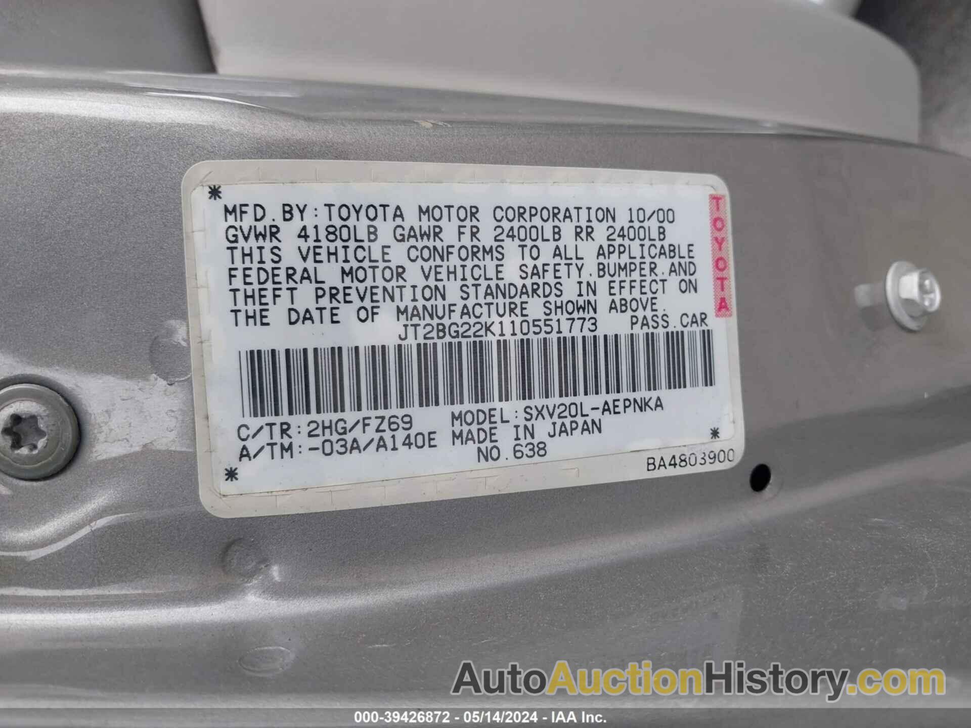 TOYOTA CAMRY CE/LE/XLE, JT2BG22K110551773